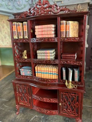Miniature Dollhouse Vintage Artisan Carved Library Wall Cabinet Glass Doors UK 8