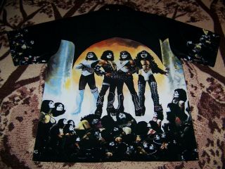 Vintage KISS LOVE GUN LP Record Art Dragonfly Button Dress Shirt Sz XXL 2XL 7