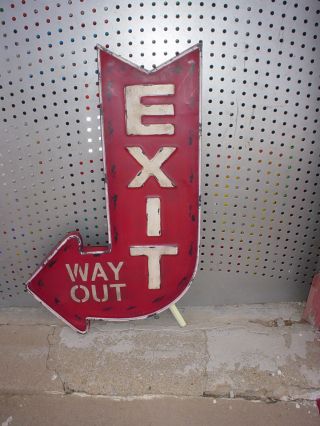 Extra Large Exit Way Out Arrow Pointing Embossed Metal Sign Vintage Patina Look