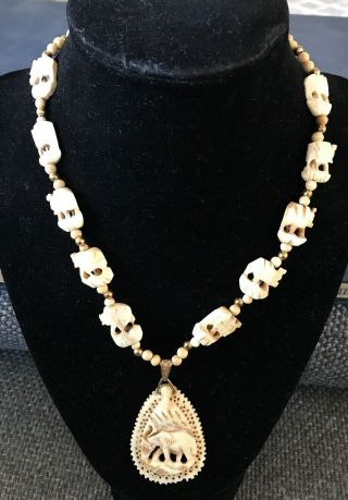 Vintage Miriam Haskell Necklace With Hand Carved Elephants 15”