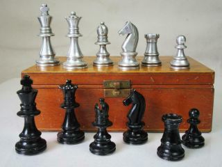 Vintage Chess Set Aluminium French Staunton Pattern K 76 Mm And Box - No Board