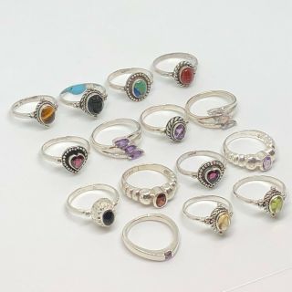 W&m.  925 Sterling Silver (41.  3g) Assorted Gemstone Of 15 Rings