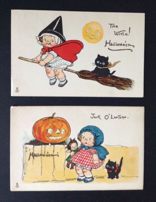 Vintage Tuck Halloween Postcards (2) Uns.  Drayton/ Weiderseim Cute Kids,  Black Cats