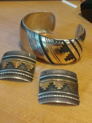 Thomas Singer Old Pawn Vintage Navajo Sterling Cuff Bracelet & Earrings