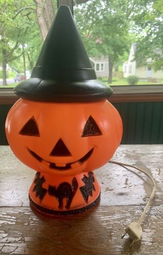 Vtg 60s Blow Mold Jack O Lantern Light Lamp Black Cat Bat Witch Hat Halloween
