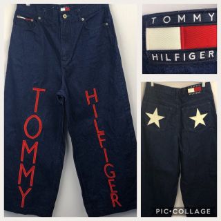 TOMMY HILFIGER VTG JEANS WIDE LEG Skater JNCO LOGO Spellout SIze 11 33X28 2