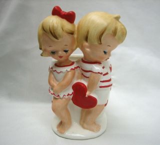 Vintage Lefton Valentines Day Hearts Planter Vase W/ Children Young Boy & Girl