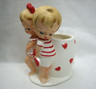Vintage Lefton Valentines Day HEARTS Planter Vase w/ Children Young Boy & Girl 2