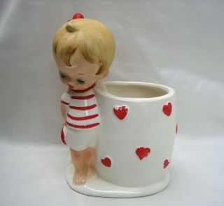 Vintage Lefton Valentines Day HEARTS Planter Vase w/ Children Young Boy & Girl 3