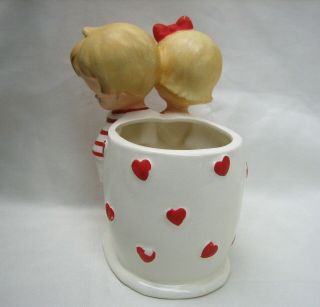 Vintage Lefton Valentines Day HEARTS Planter Vase w/ Children Young Boy & Girl 4