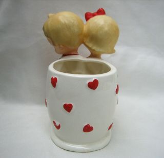 Vintage Lefton Valentines Day HEARTS Planter Vase w/ Children Young Boy & Girl 5