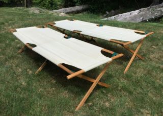 Vtg Pair 2 Camping Tent Camp Folding Cots Bed Canvas & Oak Army War Reenactment