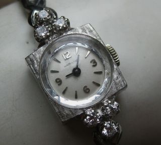 Vintage Art Deco Hamilton 14k White Gold Diamond Ladies Wrist Watch