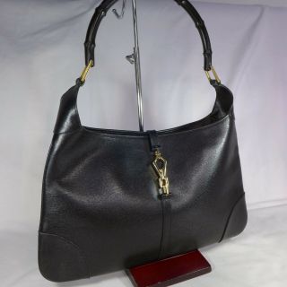 Authentic Vintage Gucci Jackie Black Leather Bamboo Medium Hobo Shoulder Handbag