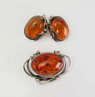 Vintage Sterling Silver Art Nouveau Style Natural Baltic Amber Earrings Pin Set
