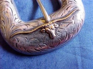 VINTAGE HAND CHASED H & S MEANS STERLING & 10KT GOLD LONGHORN BELT BUCKLE 2