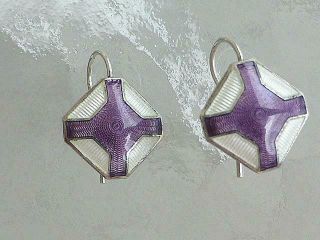 Antique Art Deco Guilloche Enamel Purple Wht Earrings,  Sterling Silver Ear Wires 2