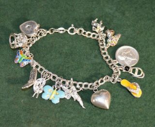 Vintage Sterling Silver Charm Bracelet With 13 Charms 8 Inches Long