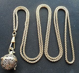 Victorian Full Length Gleaming Rolled Gold Muff Chain & Unusual Locket. 5