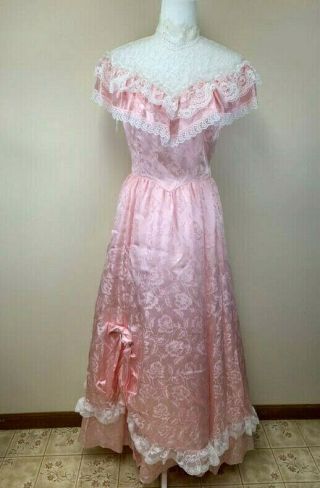 Gunne Sax Jessica Mcclintock Pink Floral Lace High Neck Ball Gown Dress Vtg