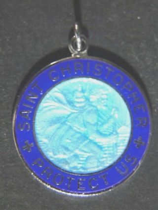 Vintage Saint Christopher Sterling Silver 2 Color Blue Guilloche Enamel Medal