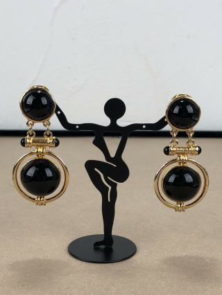 Vintage Tara Black Lucite Gold Tone Dangling Long Clip On Earrings