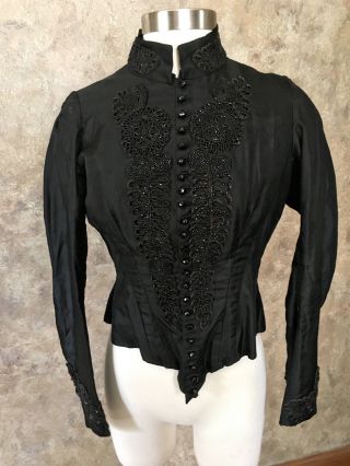 Antique Vintage Victorian Black Blouse Top Long Sleeves Beads