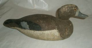 Vintage Antique Rough Solid Wood Duck Decoy Glass Eyes Painted Brown & Blue