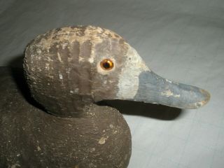 Vintage Antique Rough Solid Wood Duck Decoy Glass Eyes Painted Brown & Blue 7