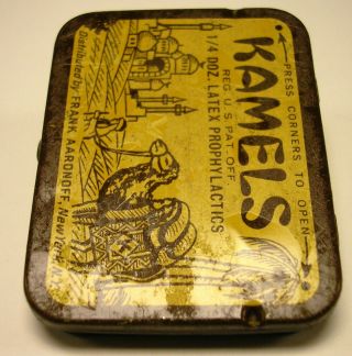 VINTAGE - KAMELS - 1/4 DOZ LATEX PROPHYLACTICS - CONDOM TIN - RARE - AARONOFF 2