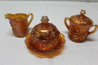 Vintage Imperial Amber Carnival Glass Luster Rose Creamer & Lidded Sugar & Bowl