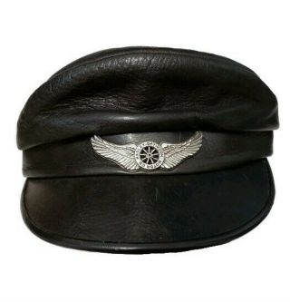 Harley Davidson Vintage Rare Captains Black Leather Wings Hat Made In Usa Large