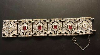 Vintage Rhinestone Bracelet With Red And Clear Stones In Art Deco Style.