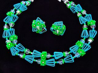 Vtg Vendome Aqua Blue Enamel Cage Green Lucite Crystal Bead Necklace Earring Set