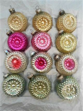 12 Vintage Shiny Brite Bumpy Ribbed Double Floral Indented Glass Ornaments Box