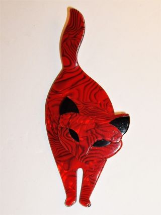French Designer Lea Stein Bacchus Cat Pin Brooch - Red Shimmer & Black Atilla