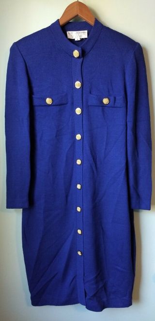 St.  John By Marie Gray Vintage Royal Blue Knit Sweater Dress Coat Size 4 Gold St