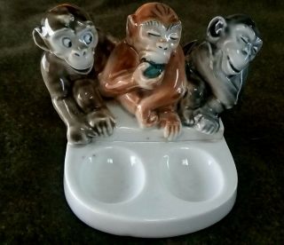 Vintage Antique Tabacco Pipe Holder Three Monkeys Made In Germany