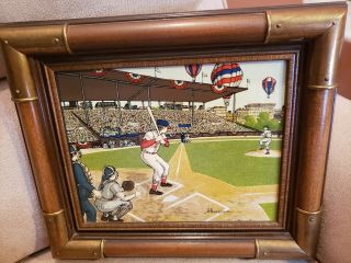 Vintage Baseball Stadium Sports Oil Painting Wood Frame 13 3/4 " X 11 3/4 " In