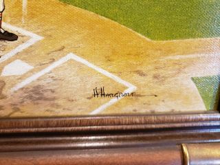 Vintage Baseball Stadium Sports Oil Painting Wood Frame 13 3/4 