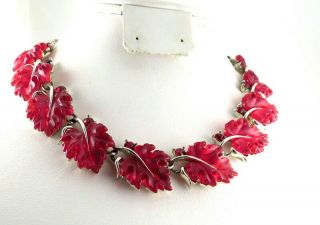 Vintage Lisner Rhinestone Oak Leaf Necklace Red Molded Thermoset