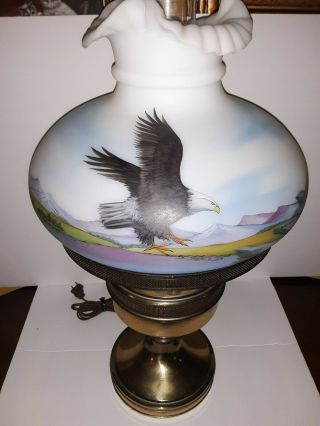 Rare Limited Edition Signed Fenton Hand Painted American Eagle Satin Glass Lamp