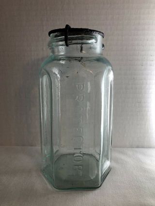 Vtg Aqua Quart Fruit Jar - Protector (embossed Vertically) - Canning Bottle