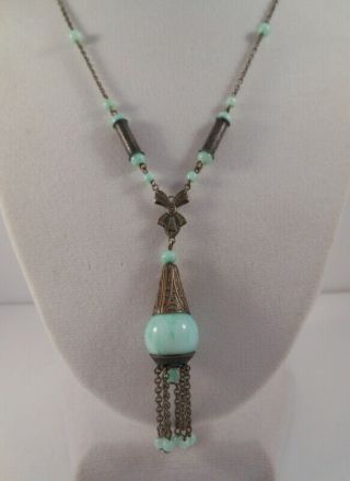 Vtg Art Deco Lavalier Green Peking Glass Bead Silver/brass Tone Dangles Necklace