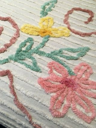Vintage Chenille - White With Pink,  Orange,  Yellow Flowers And Tag