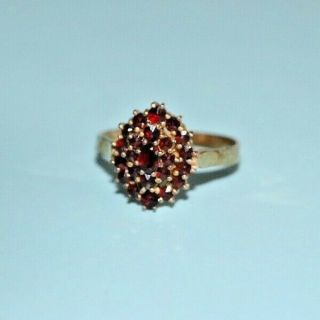 900 Cluster Solid Gold Plated Silver Bohemian Garnet Ring - Hallmarked