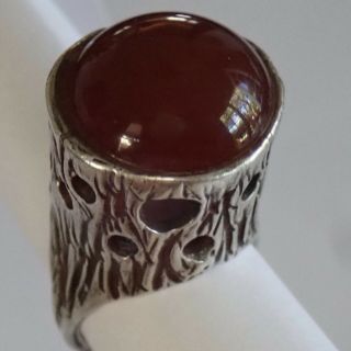 Vintage Mid Century Modernist Brutalist Sterling Silver Carnelian Cocktail Ring