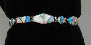 Vintage Signed Zuni 925 Silver Gorgeous Inlaid Opal Link Bracelet 5 1/4,  "
