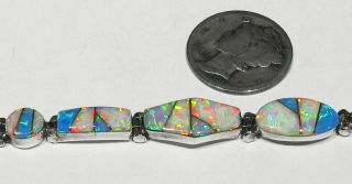 Vintage Signed Zuni 925 Silver Gorgeous Inlaid Opal Link Bracelet 5 1/4,  
