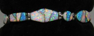 Vintage Signed Zuni 925 Silver Gorgeous Inlaid Opal Link Bracelet 5 1/4,  
